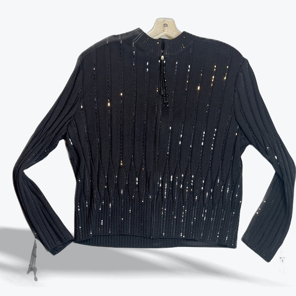 Vintage St John Evening Marie‎ Gray Blk Sequin Knit Beaded Designer Quarter Zip